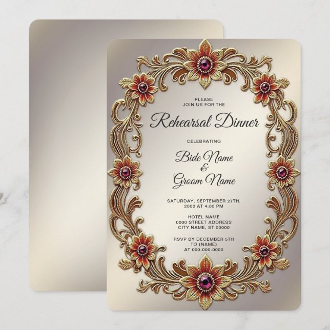 Gold Floral Frame with Red Stones Rehearsal Dinner Invitation (Front/Back)