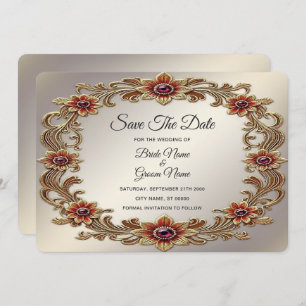 Gold Floral Frame with Red Stones Save The Date