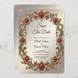 Gold Floral Frame with Red Stones Save the Date