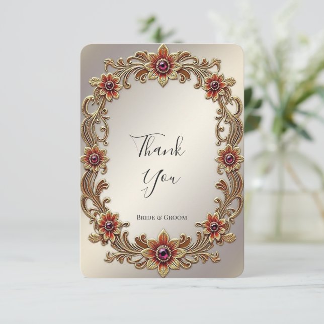 Gold Floral Frame with Red Stones Thank You Card (Standing Front)