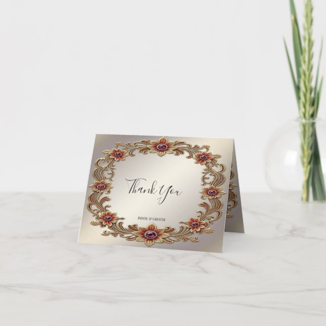 Gold Floral Frame with Red Stones Thank You Card (Front)