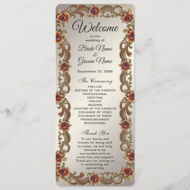 Gold Floral Frame with Red Stones Wedding Program Programme (Front)