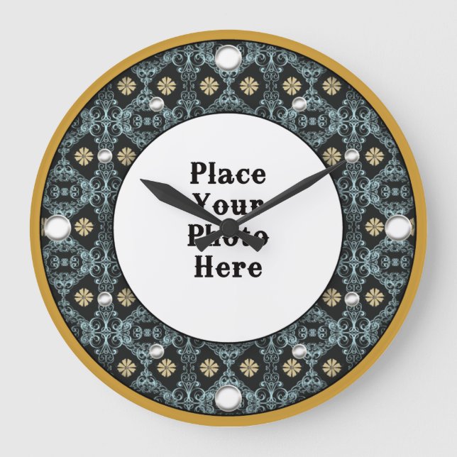 Gold Floral Frame Your Photo Wall Clock (Front)