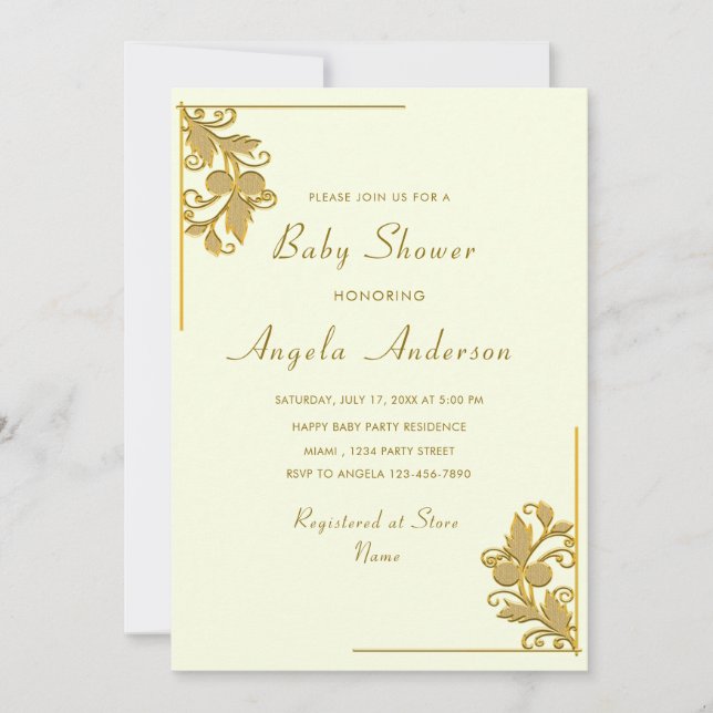 Gold Floral Framed Baby Boy Shower Invitation (Front)