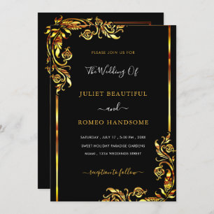 Gold Floral Framed Black Luxury Wedding Invitation