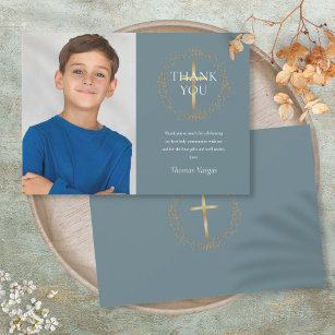 Gold Floral Garland  First Holy Communion Photo Thank You Card