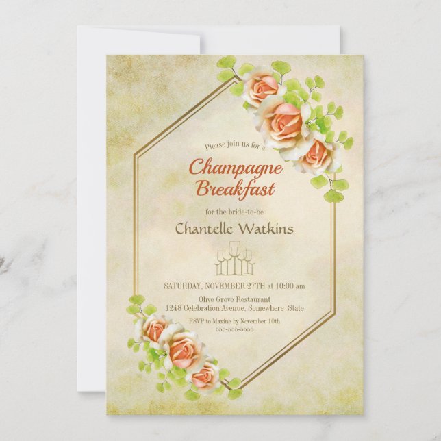 Gold Floral Geometric Champagne Breakfast Invitation (Front)