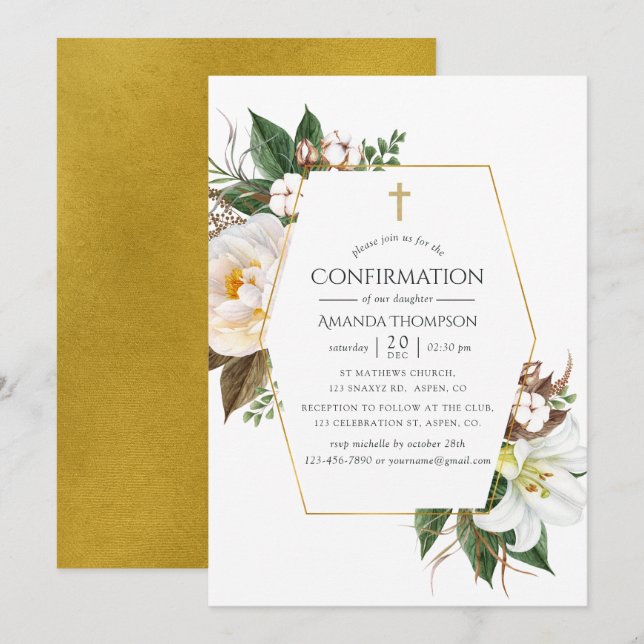 Gold Floral Geometric Confirmation Invitation (Front/Back)
