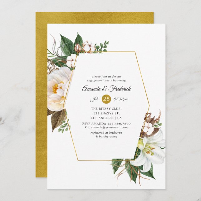 Gold Floral Geometric Engagement Party Invitation (Front/Back)