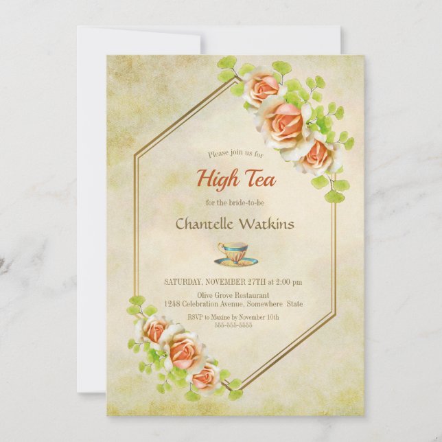 Gold Floral Geometric High Tea Bridal Shower Invitation (Front)