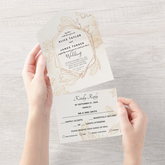 Gold Floral Geometric Wedding All In One Invitation (Tearaway)