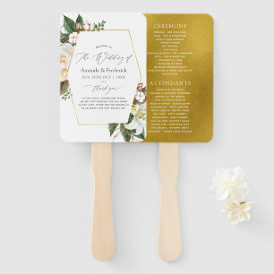 Gold Floral Geometric Wedding Program Hand Fan