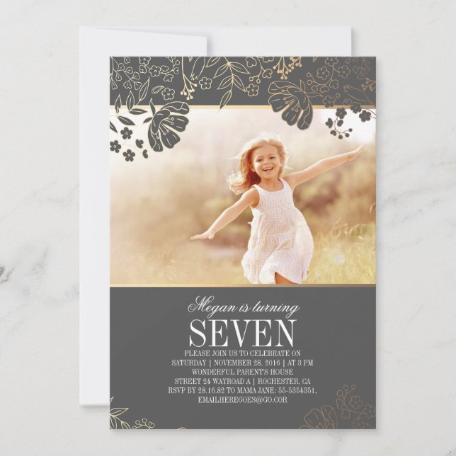 Gold Floral Girl Photo Birthday Party Invitation (Front)