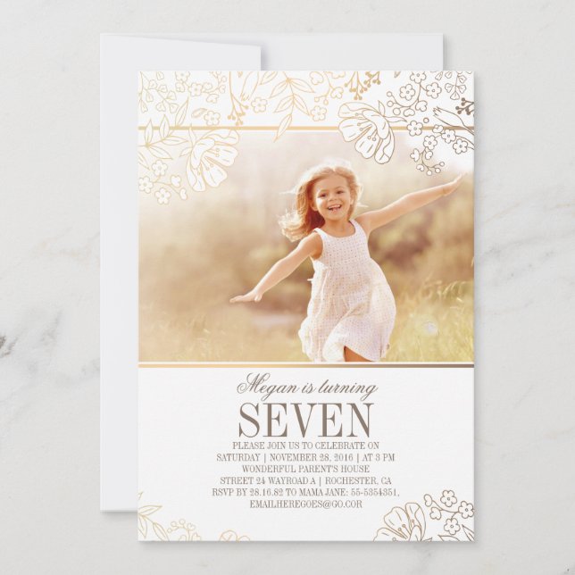 Gold Floral Girl Photo Birthday Party Invitation (Front)