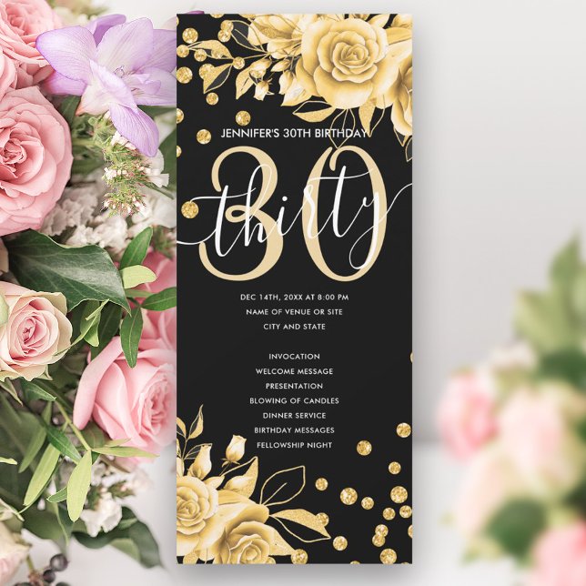 Gold Floral Glitter 30th Birthday Programs Black  Invitation (Gold Floral Glitter 30th Birthday Programs Black )