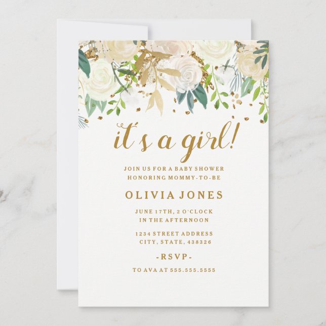 Gold Floral Glitter Girl Baby Shower Invitation (Front)