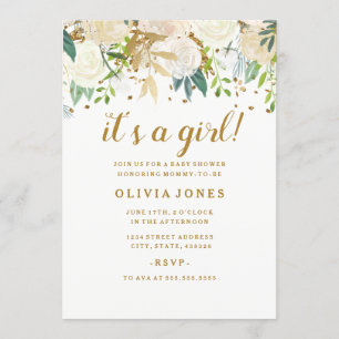 Gold Floral Glitter Girl Baby Shower Invitation