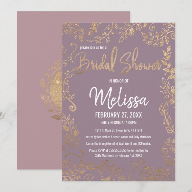 Gold Floral Glitter Mauve Lilac Bridal Shower Invitation (Front/Back)