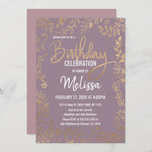 Gold Floral Glitter Ombre Mauve Lilac Birthday Invitation