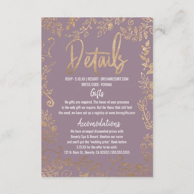 Gold Floral Glitter Ombre Mauve Lilac Details Enclosure Card (Front)