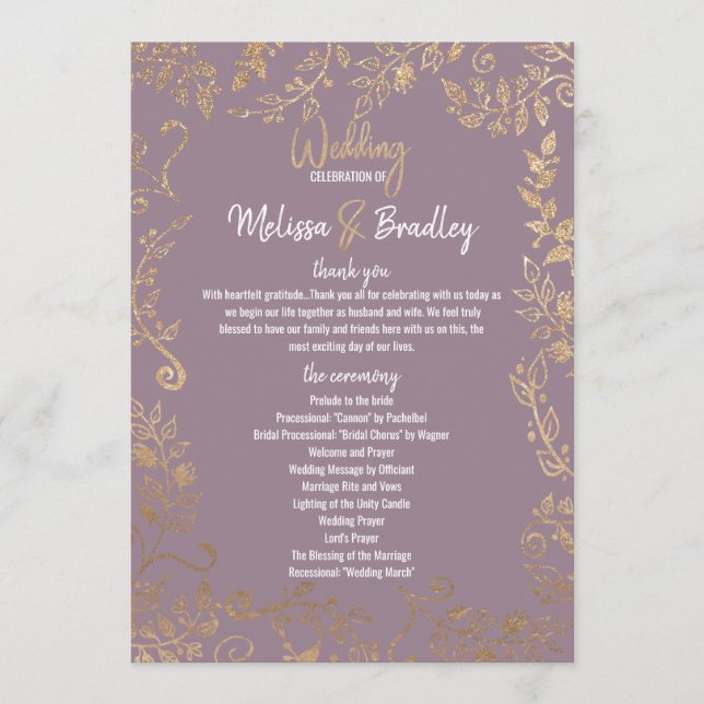 Gold Floral Glitter Ombre Mauve Lilac Programs Programme (Front)