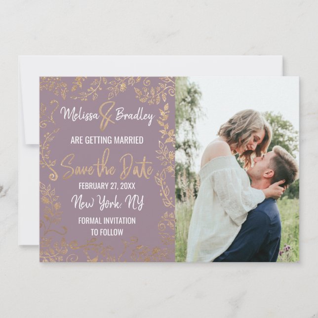 Gold Floral Glitter Ombre Mauve Lilac Save Date Invitation (Front)