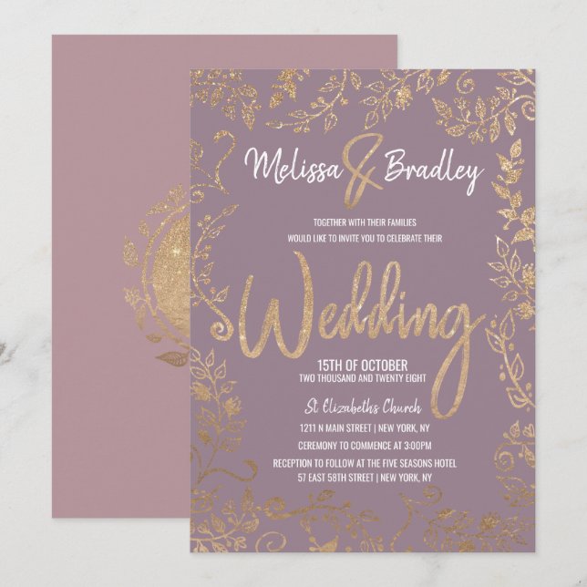 Gold Floral Glitter Ombre Mauve Lilac Wedding Invitation (Front/Back)