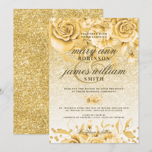 Gold Floral Glitter Sparkle Elegant Wedding Invitation (Front/Back)