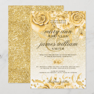 Gold Floral Glitter Sparkle Elegant Wedding Invitation