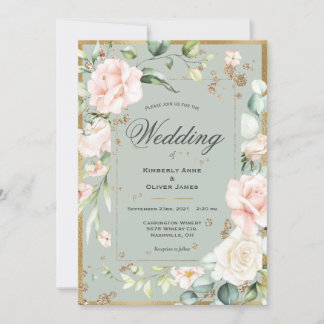 Gold Floral Green Watercolor Wedding Invitation