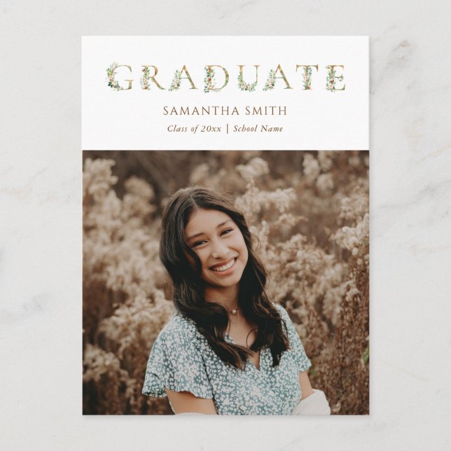 Gold Floral Greenery Typography Photo Graduation Invitation Postcard (Front)