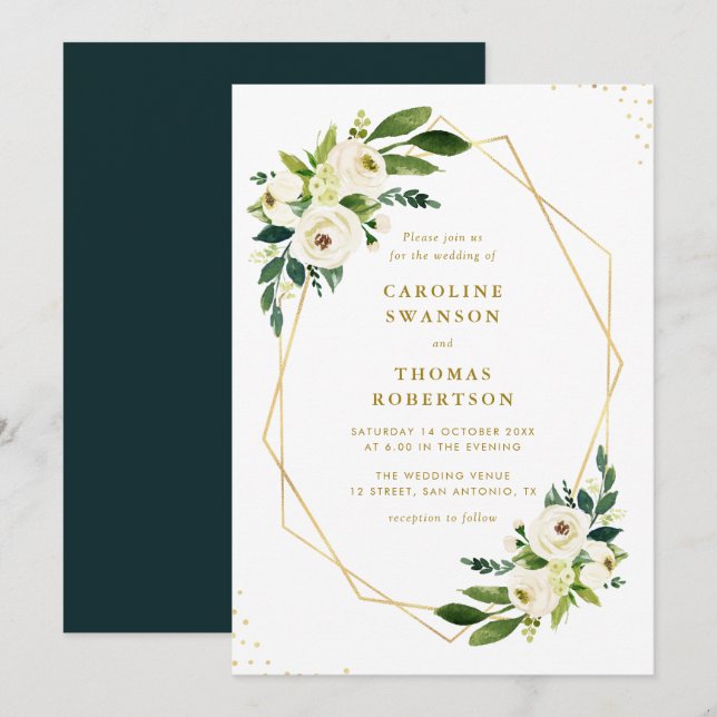 gold floral greenery wedding invitation (Front/Back)