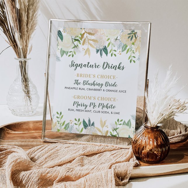 Gold Floral Greenery Wedding Signature Drinks Poster (Creator Uploaded)