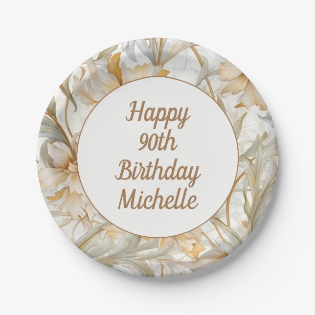 Gold Floral Happy 90th Birthday  Paper Plate (Front)