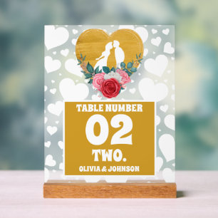 Gold Floral Heart Wedding Table Number Frosted Acrylic Sign
