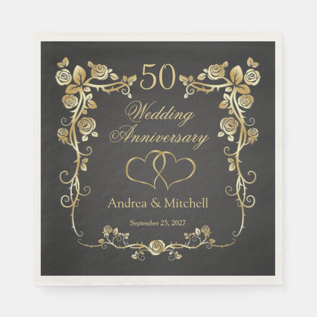 Gold Floral Hearts 50th Wedding Anniversary  Napki Napkin (Front)