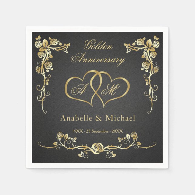 Gold Floral Hearts 50th Wedding Anniversary Napkin (Front)