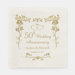 Gold Floral Hearts 50th Wedding Anniversary Napkin