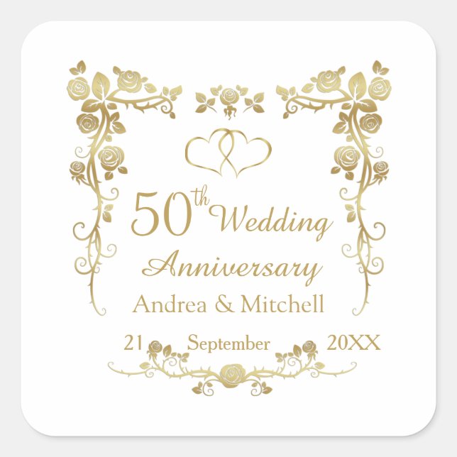 Gold Floral Hearts 50th Wedding Anniversary  Squar Square Sticker (Front)
