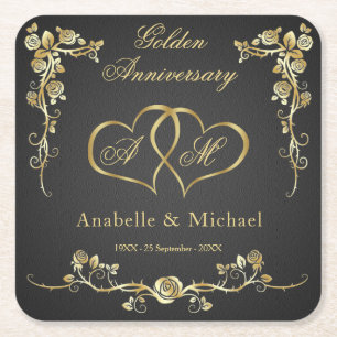 Gold Floral Hearts 50th Wedding Anniversary Square Paper Coaster