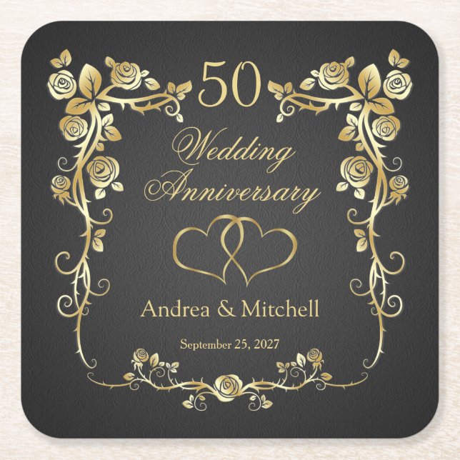 Gold Floral Hearts 50th Wedding Anniversary Square Paper Coaster (Front)