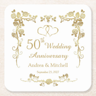 Gold Floral Hearts 50th Wedding Anniversary Square Paper Coaster