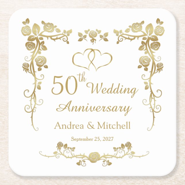 Gold Floral Hearts 50th Wedding Anniversary  Square Paper Coaster (Front)