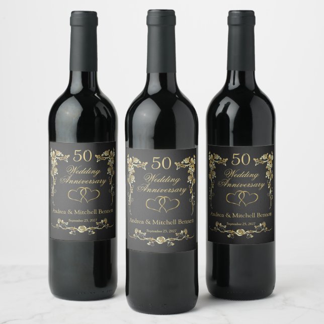 Gold Floral Hearts 50th Wedding Anniversary   Wine Label (Bottles)