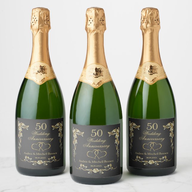 Gold Floral Hearts 50th Wedding Anniversary   Wine Sparkling Wine Label (Bottles)