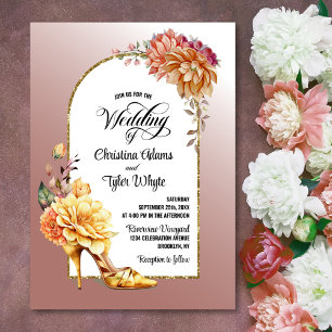 Gold Floral High Heel Blush Pink Arch Wedding Invitation