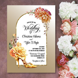 Gold Floral High Heel Gold Arch Wedding Invitation