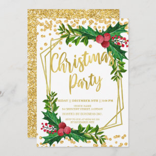 Gold Floral Holly Glitter Christmas Corporate Invitation