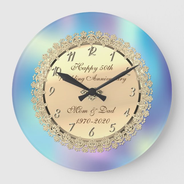 Gold Floral,Holographic 50th Wedding Anniversary Large Clock (Front)