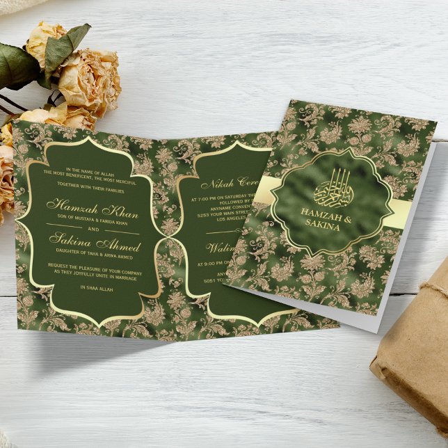 Gold Floral Hunter Green Islamic Muslim Wedding Invitation (Creator Uploaded)